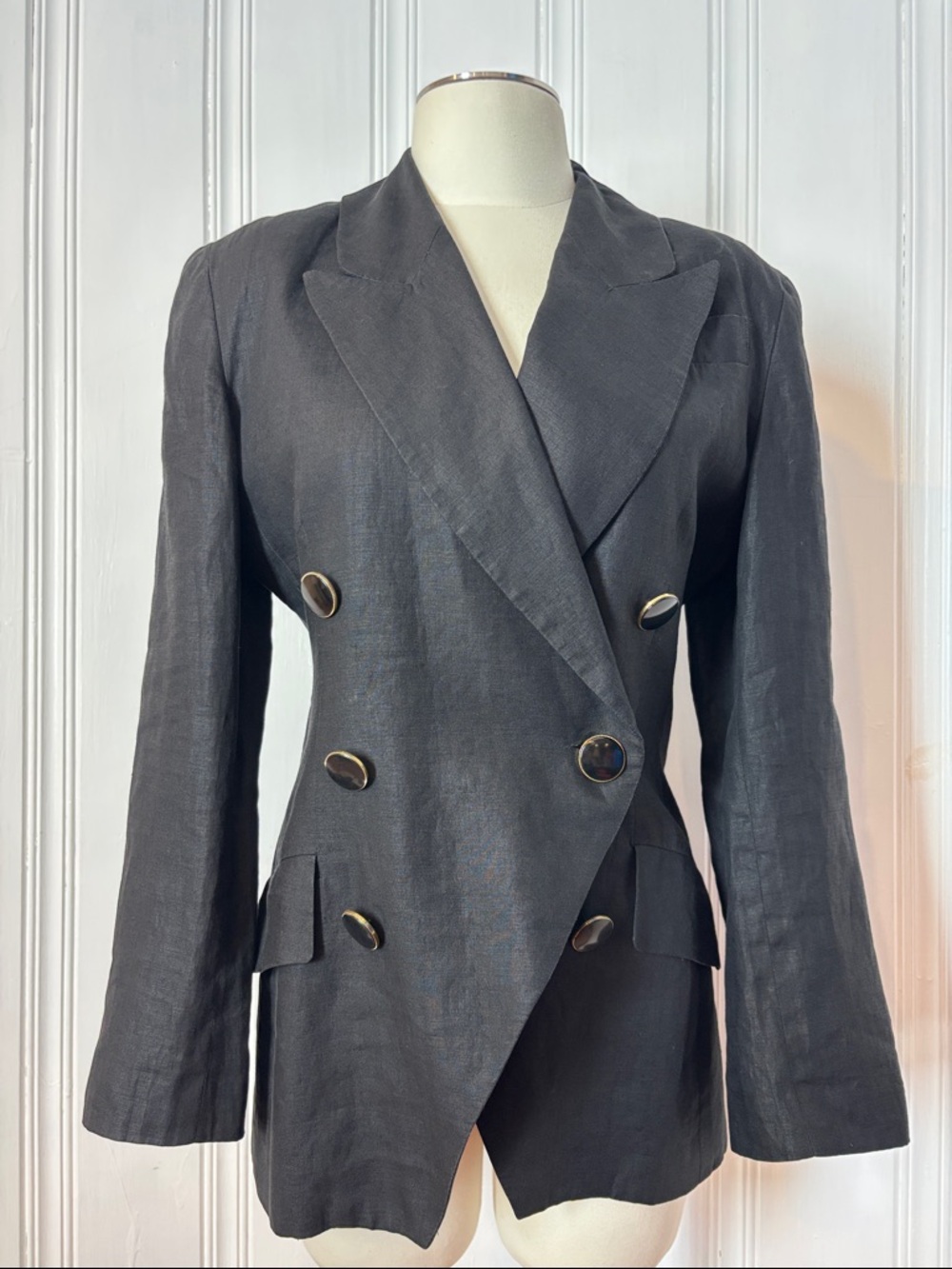 Vintage HOLT RENFREW Double-Breasted Black Linen Blazer | Size Medium estimated - Picture 3 of 10